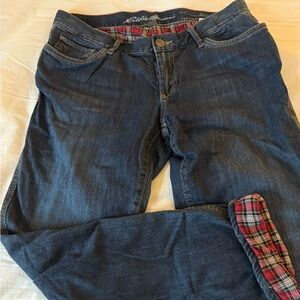 Eddie Bauer women’s Flannel Lined Relaxed Fit Jeans with Plaid Accent